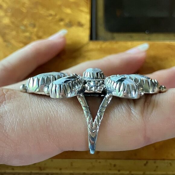 White Buffalo Turquoise Sterling Silver Statement Ring Size 8 - Picture 3 of 9